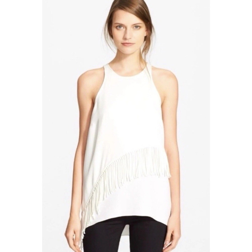 Elizabeth And James Size Medium White Fringe‎ Sleeveless Blouse tank top Silk